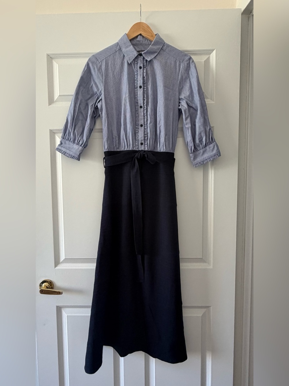Vince Camuto Blue&White Striped Button-Down Shirt with A-line front slit Dress